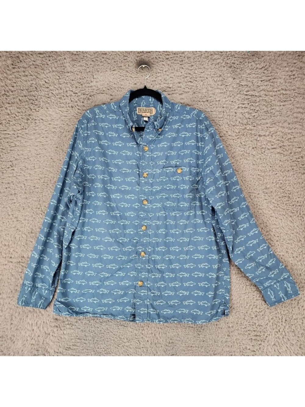 Duluth Trading Co Shirt Mens Medium Blue Fish Button 100% Cotton